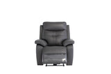 Charcoal leather recliner armchair with padded seat and raised footrest, front view