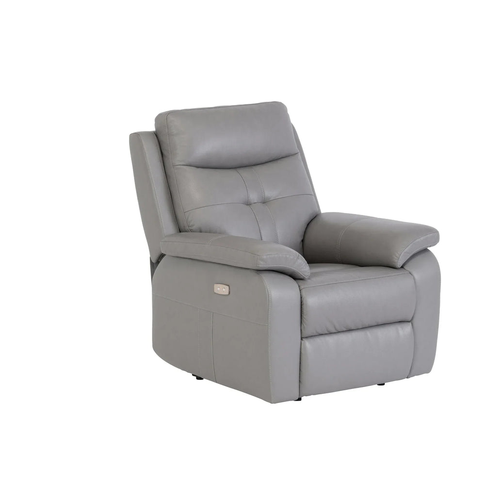 Grey leather recliner armchair with padded seat and backrest on white background