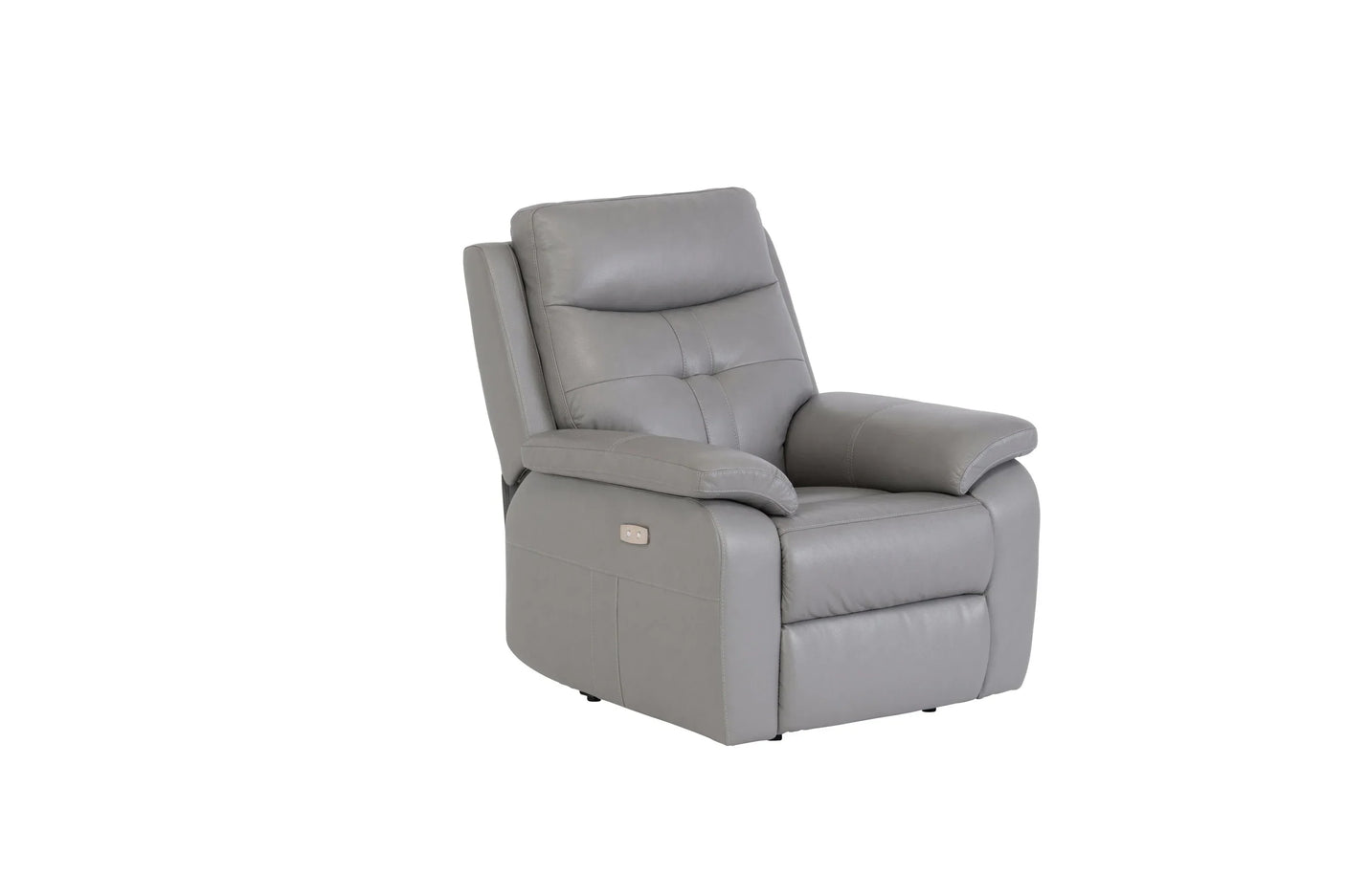 Grey leather recliner armchair with padded seat and backrest on white background