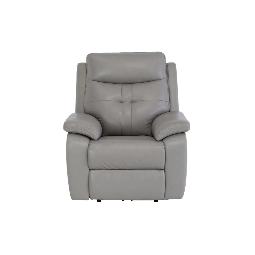 Grey leather recliner armchair with padded back and cushioned armrests front view