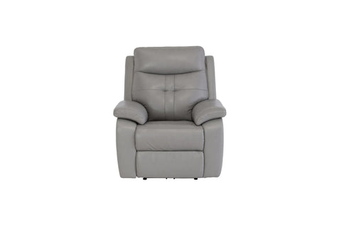 Grey leather recliner armchair with padded back and cushioned armrests front view