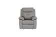 Grey leather recliner armchair with padded back and cushioned armrests front view