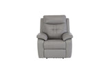 Grey leather recliner armchair with padded back and cushioned armrests front view