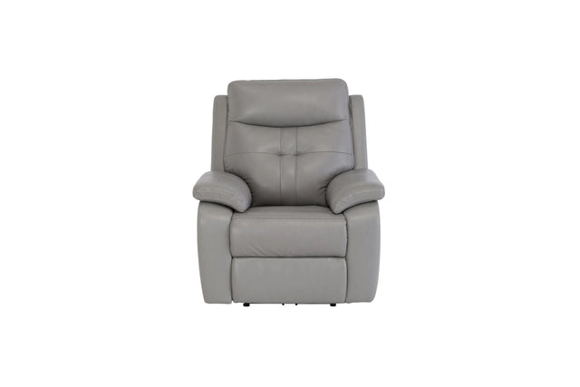 Grey leather recliner armchair with padded back and cushioned armrests front view