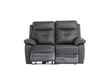 Charcoal leather two seater recliner sofa with padded armrests and footrest extended, front view