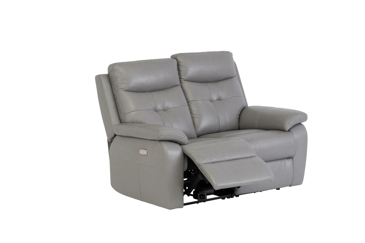 Grey leather recliner sofa with extended footrest and padded armrests