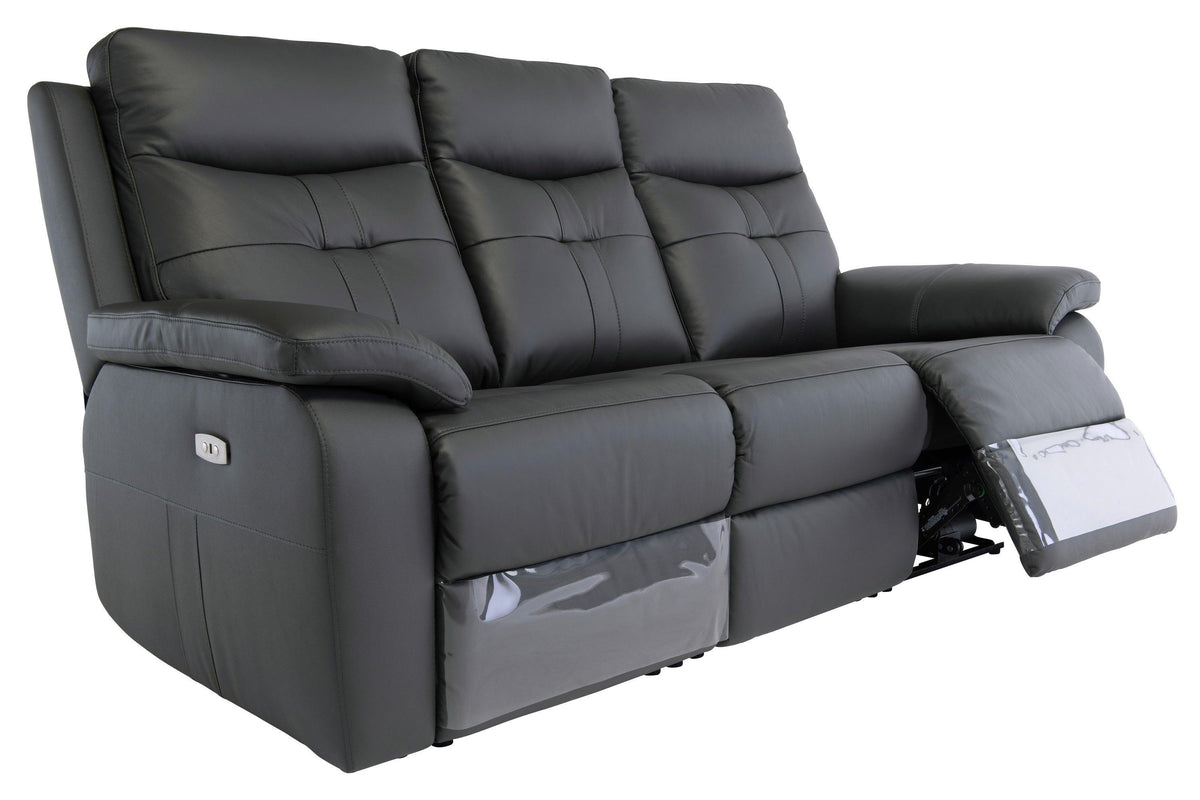 Charcoal leather reclining sofa with padded armrests and extended footrest, angled front view