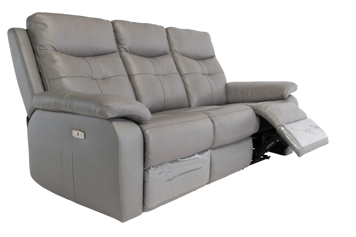 Grey leather recliner sofa with adjustable footrest and cushioned seats