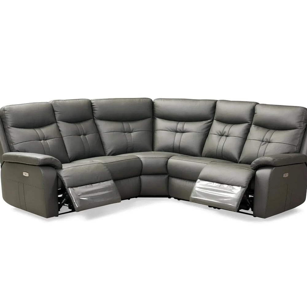 Charcoal grey corner recliner sofa with padded seats and extended footrests