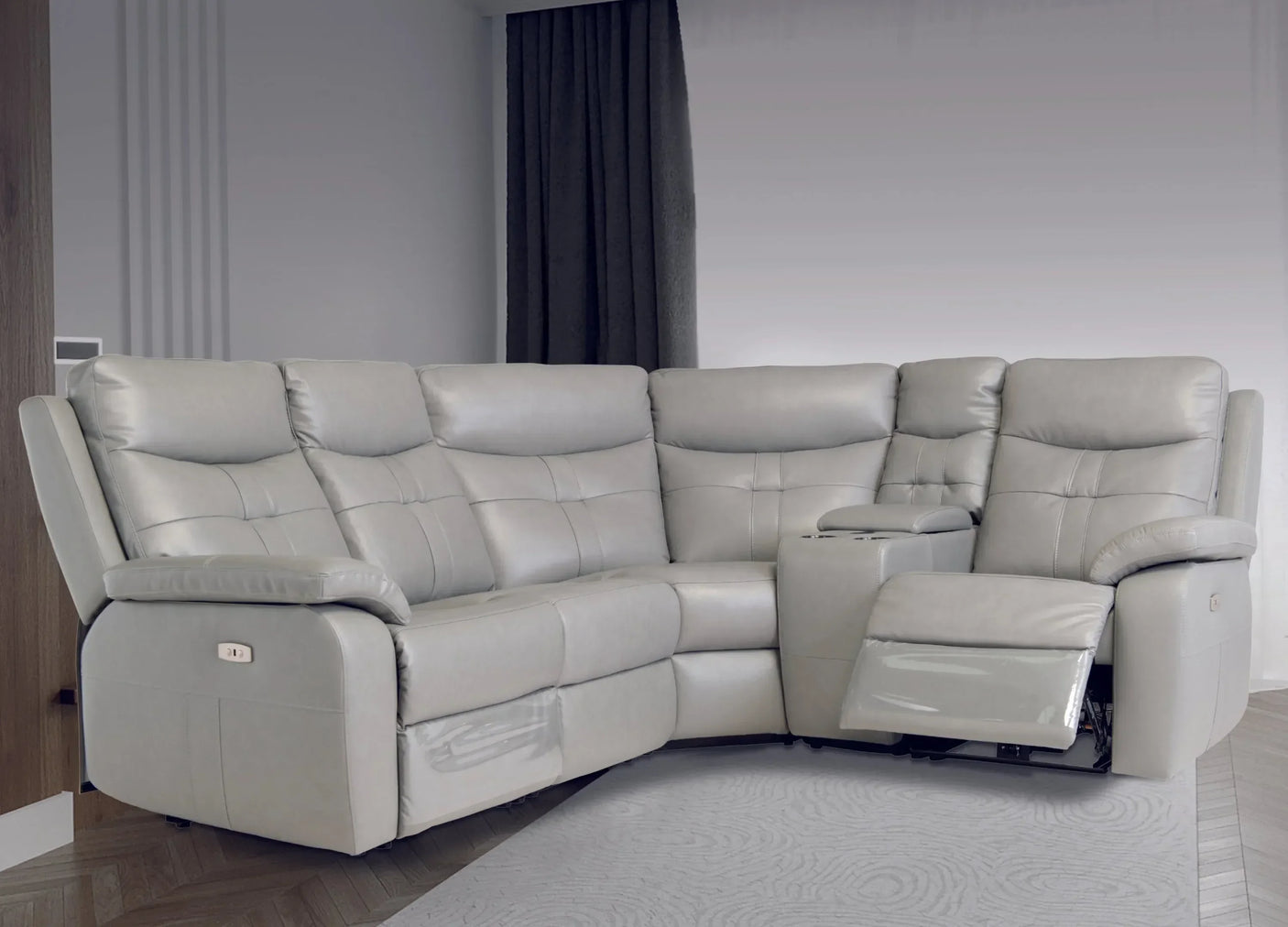 Grey leather corner sofa with reclining seat and cup holders in modern living room