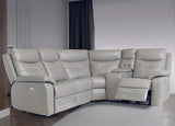 Grey leather corner sofa with reclining seat and cup holders in modern living room