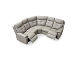 Grey corner reclining sofa with padded seats and high backs, two footrests extended