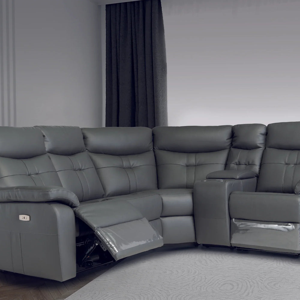 Charcoal corner sofa with recliner seat and cup holder, set in a modern living room