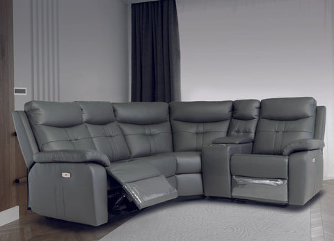 Charcoal corner sofa with recliner seat and cup holder, set in a modern living room