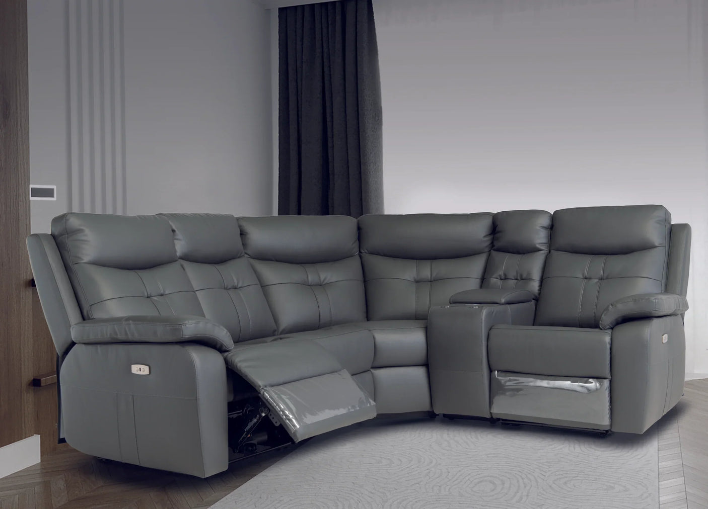 Charcoal corner sofa with recliner seat and cup holder, set in a modern living room
