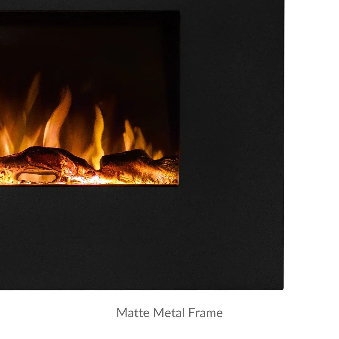 Electric fireplace with matte black metal frame and realistic flame effect