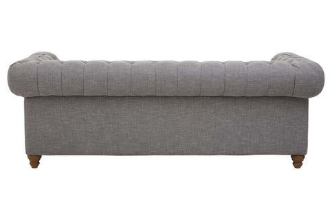 Three-seat sofa upholstered in grey linen with rounded armrests and wooden legs, showcasing a clean and modern design suitable for various living spaces