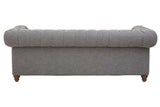 Three-seat sofa upholstered in grey linen with rounded armrests and wooden legs, showcasing a clean and modern design suitable for various living spaces