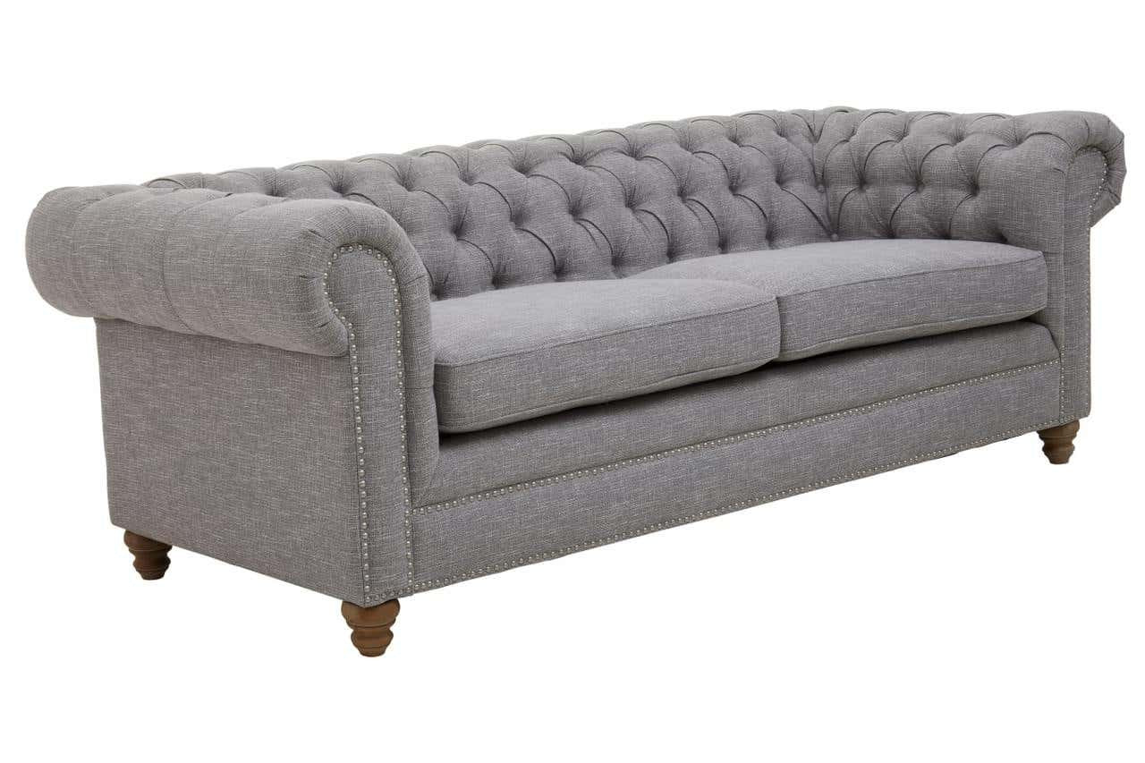 Three-seat sofa upholstered in grey linen with a tufted backrest and rolled arms, featuring wooden legs