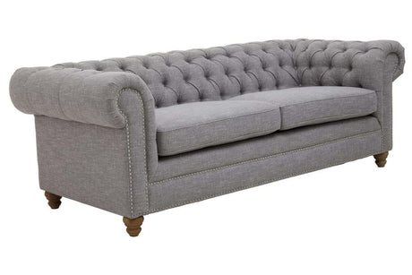 Three-seat sofa upholstered in grey linen with a tufted backrest and rolled arms, featuring wooden legs
