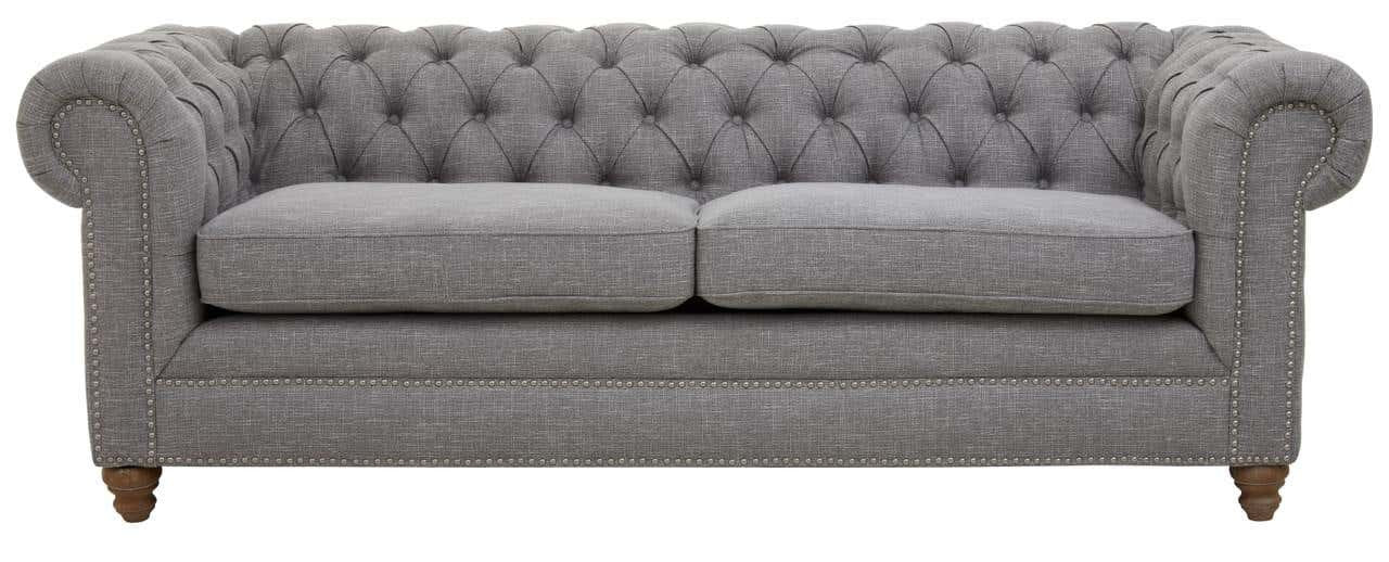 Three-seat sofa upholstered in grey linen with a tufted backrest and rolled arms, featuring wooden legs in a light finish