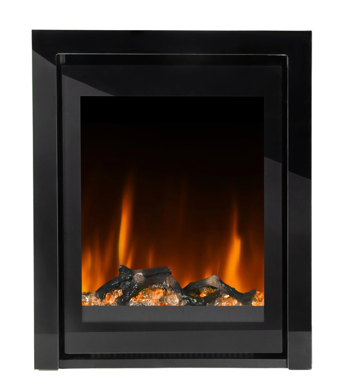 Modern black electric stove heater with glass front and glowing ember flame effect