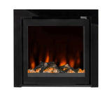 Black glass electric stove with glowing faux logs and flame effect front view