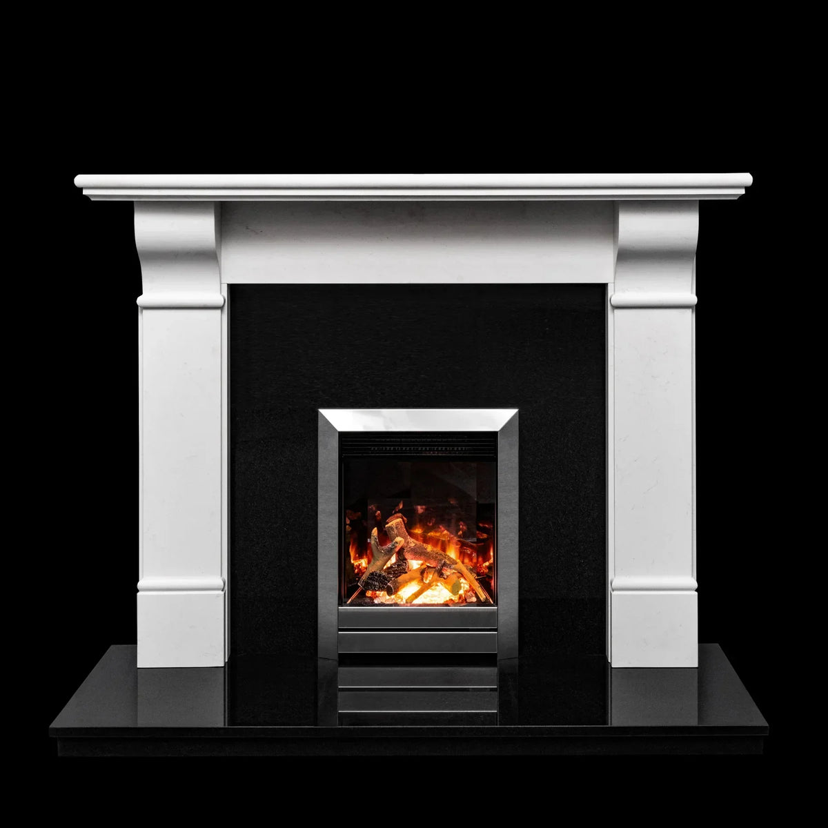 White marble fireplace suite with black hearth and modern electric fire insert