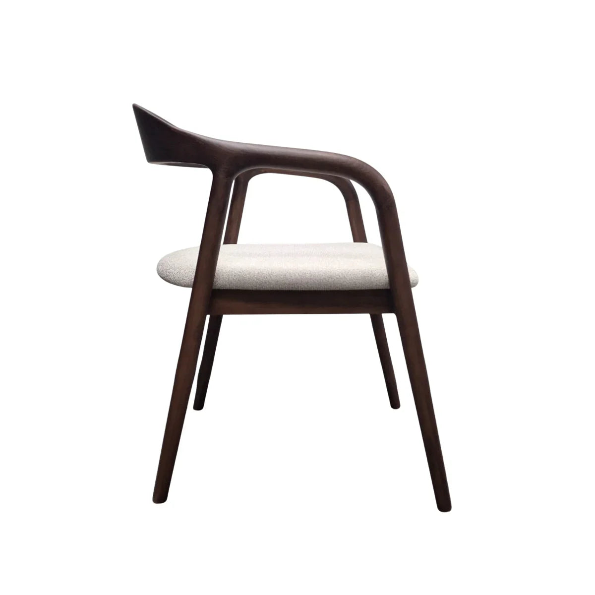 Modern dining chair with curved dark wooden frame and white cushioned seat, side view