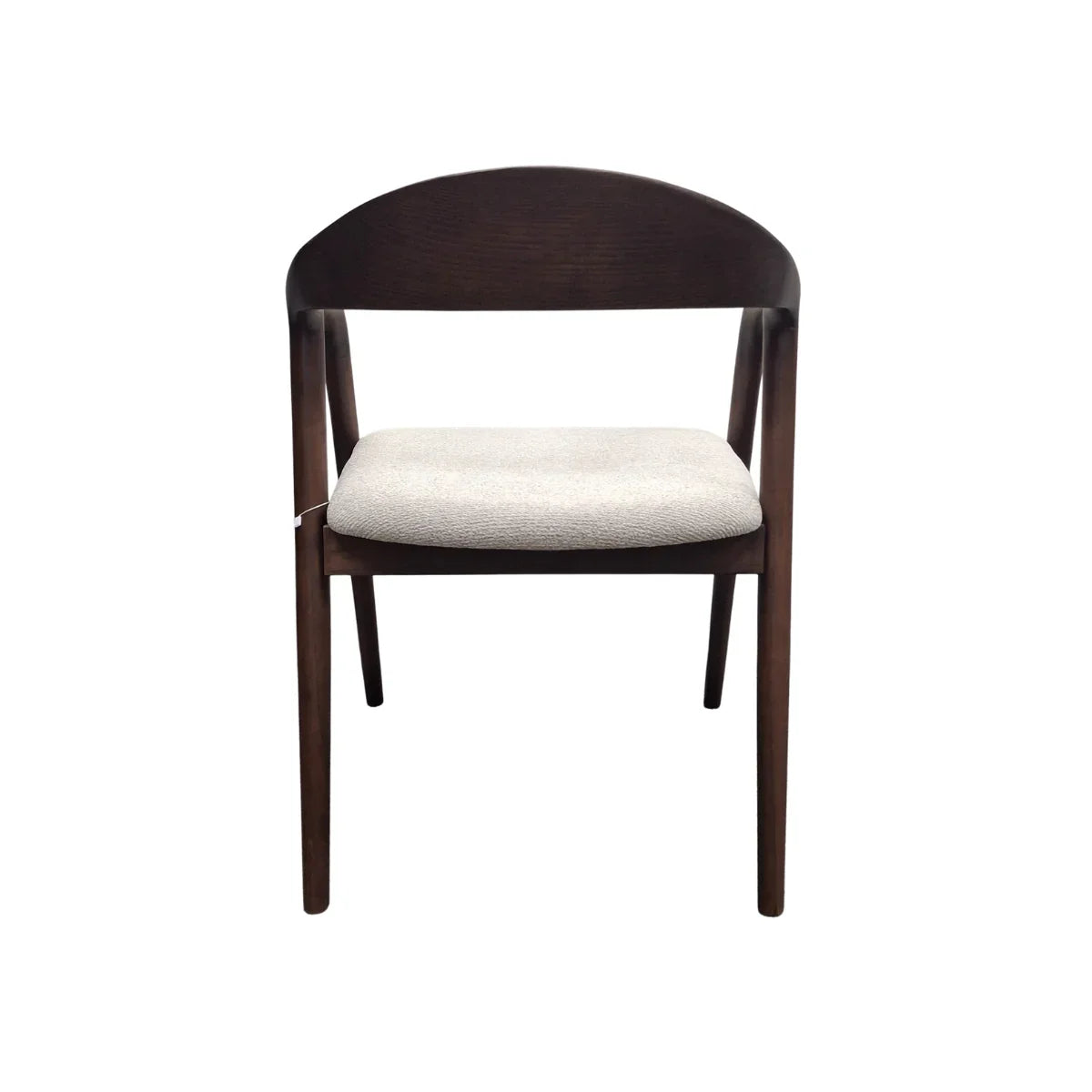 modern dining chair with dark wood frame and white fabric seat, front view