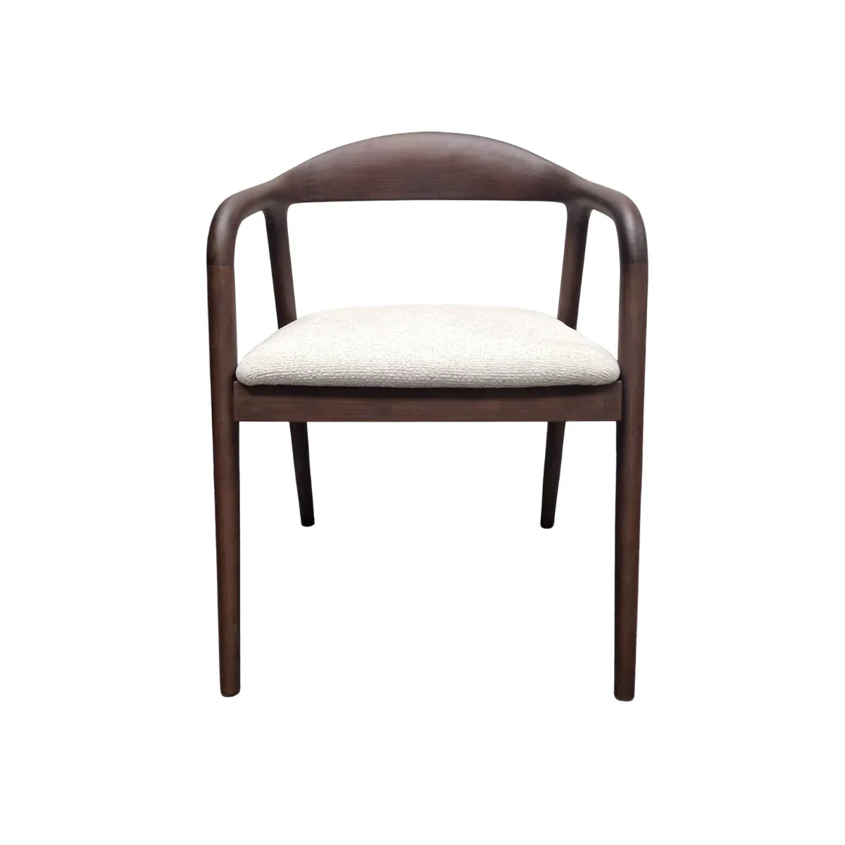 Tess chair with curved dark wood frame and white upholstered seat, front view