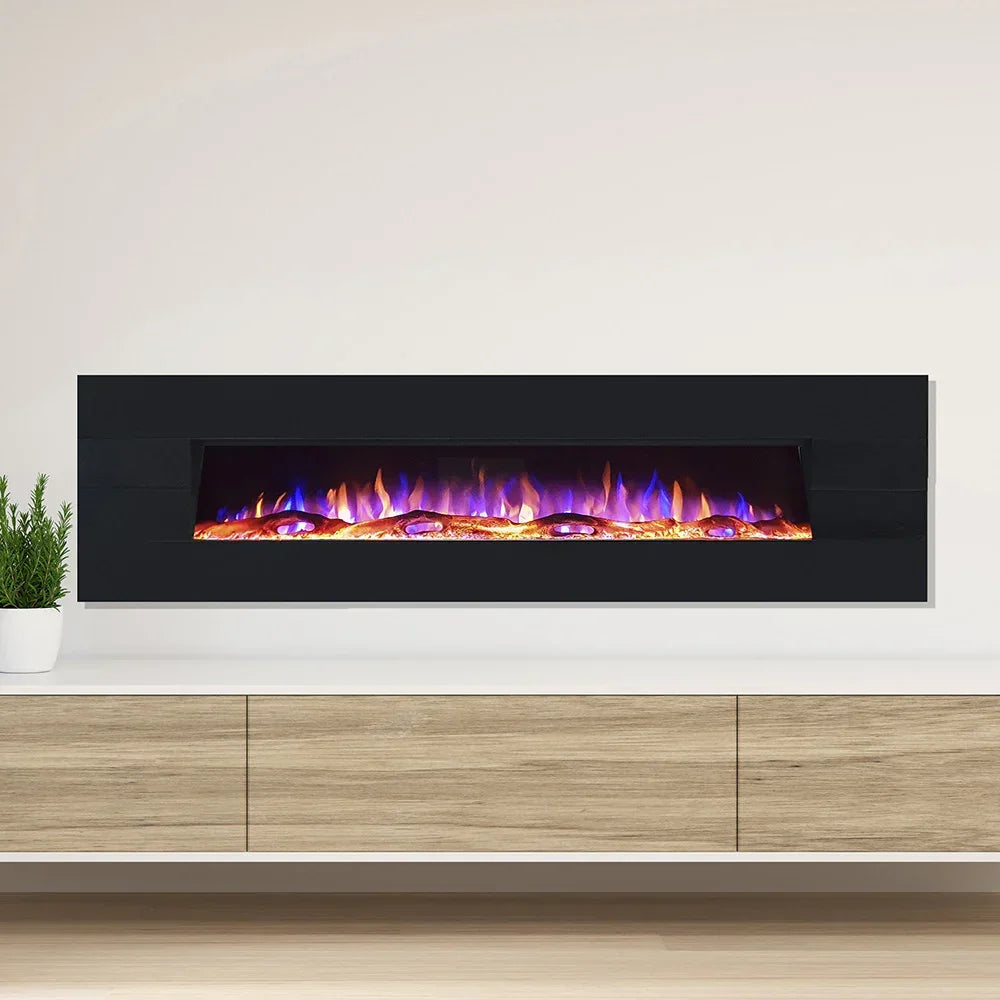 Black wall mounted electric fireplace with LED flame above modern wood cabinet