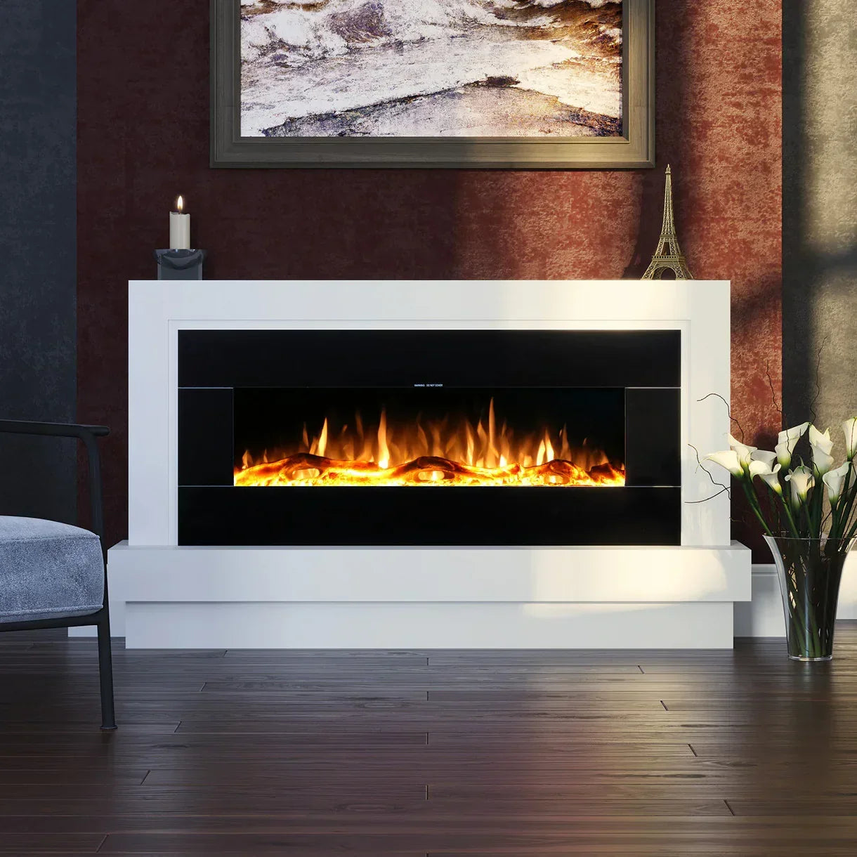 Electric fireplace suite with white surround and realistic flame effect in modern living room