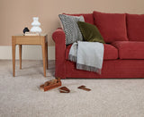Red fabric sofa with grey throw and patterned cushions on beige carpeted floor