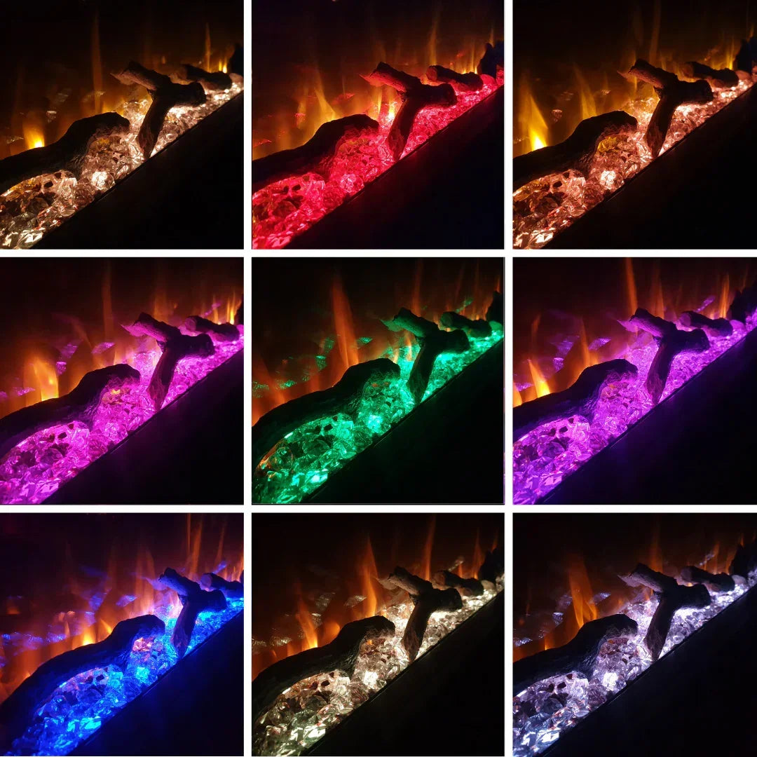 Electric fire heater with colored flame effects and crystal ember bed, nine color options