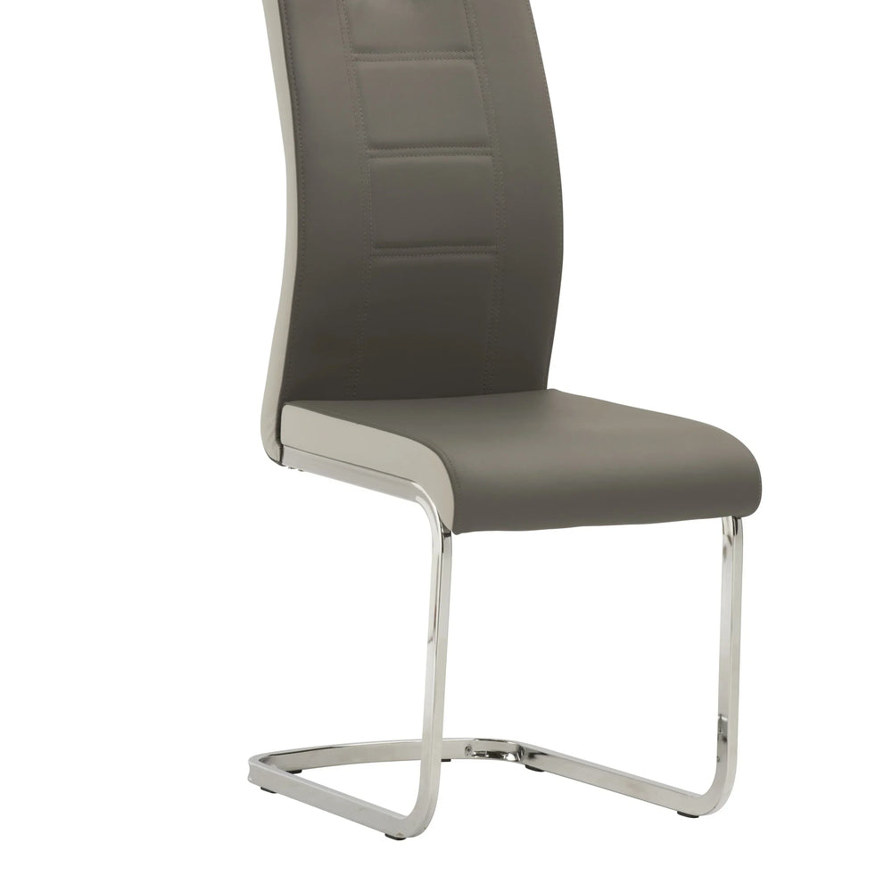 Grey faux leather dining chair with chrome cantilever frame and stitched backrest detail