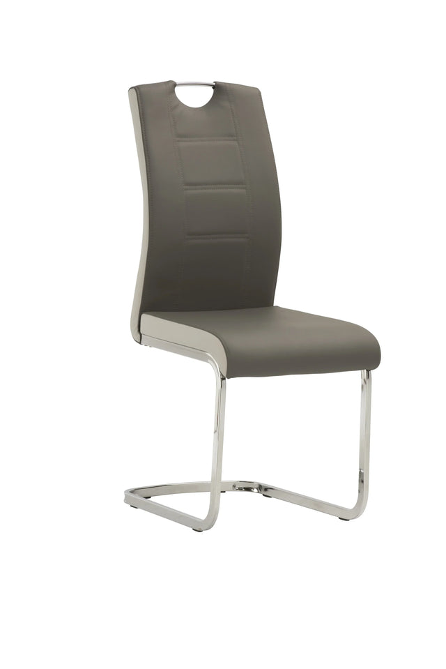 Grey faux leather dining chair with chrome cantilever frame and stitched backrest detail