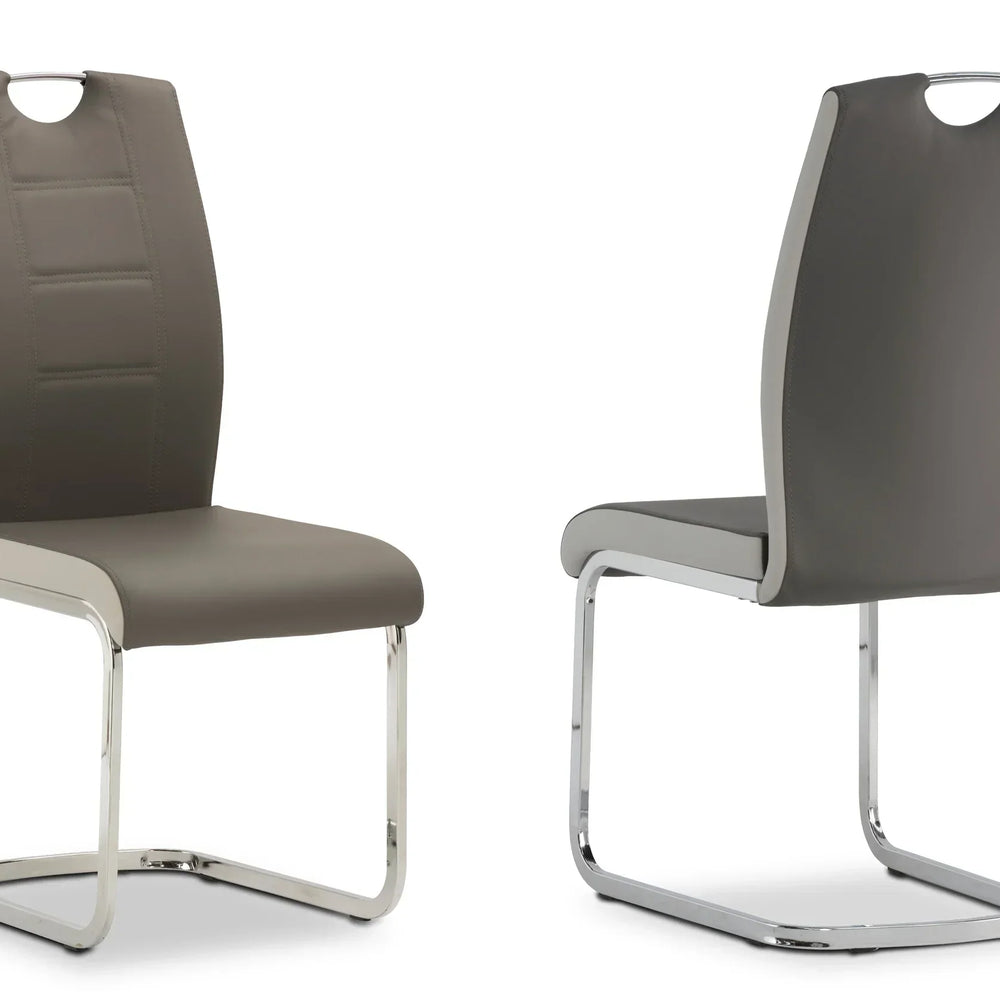 Pair of grey faux leather dining chairs with chrome cantilever base, front and back view
