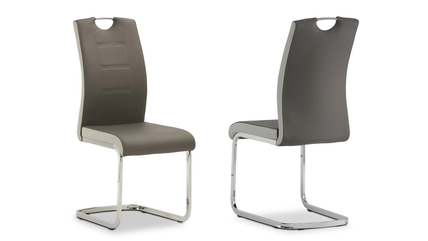 Pair of grey faux leather dining chairs with chrome cantilever base, front and back view