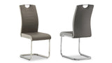 Pair of grey faux leather dining chairs with chrome cantilever base, front and back view