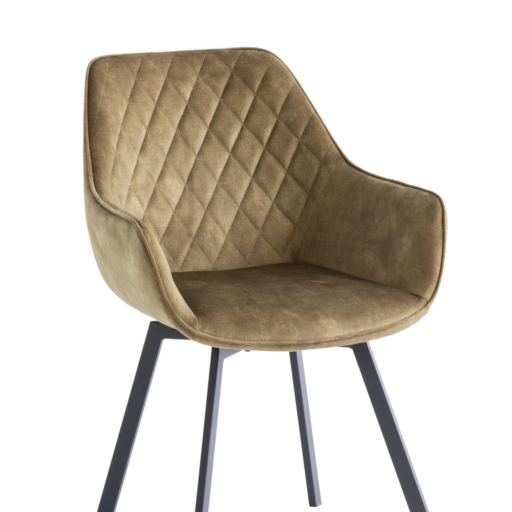 Brown upholstered dining chair with quilted backrest and black metal legs