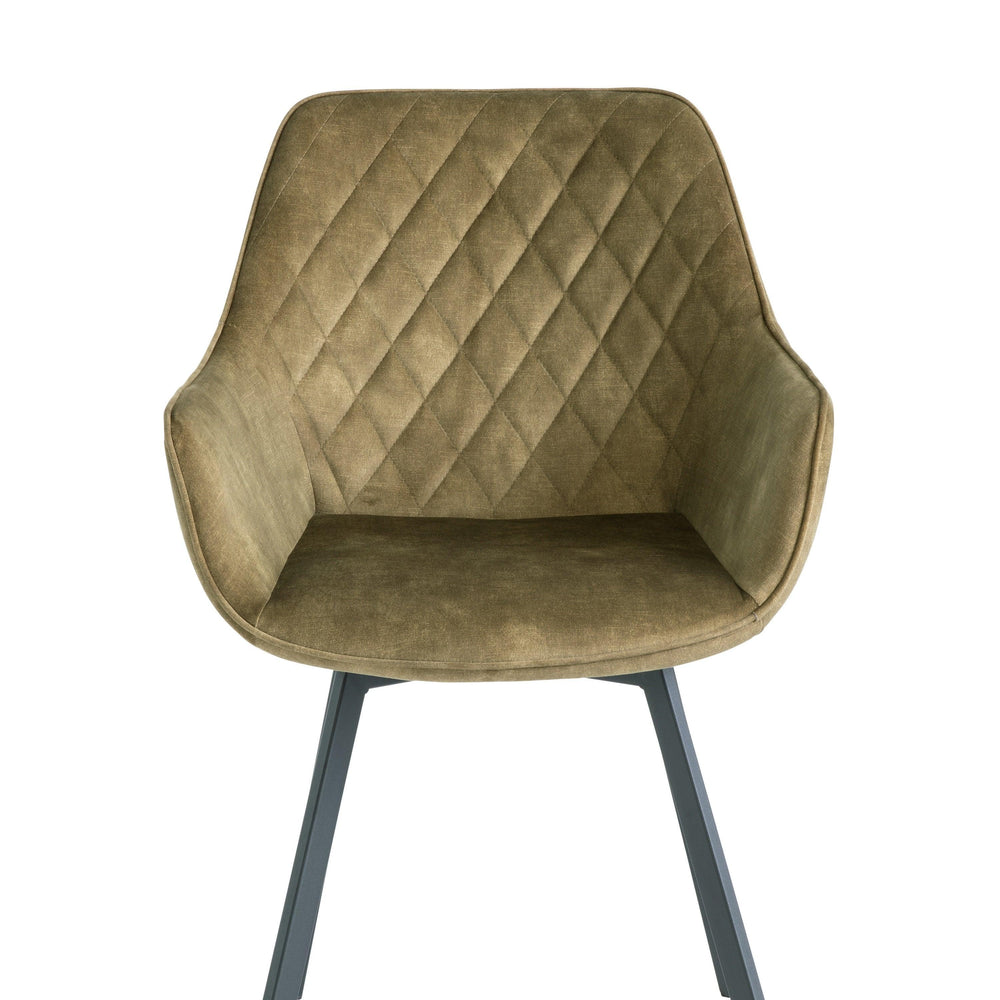 Olive green dining chair with diamond stitched velvet upholstery and black metal legs, front view