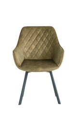 Olive green dining chair with diamond stitched velvet upholstery and black metal legs, front view