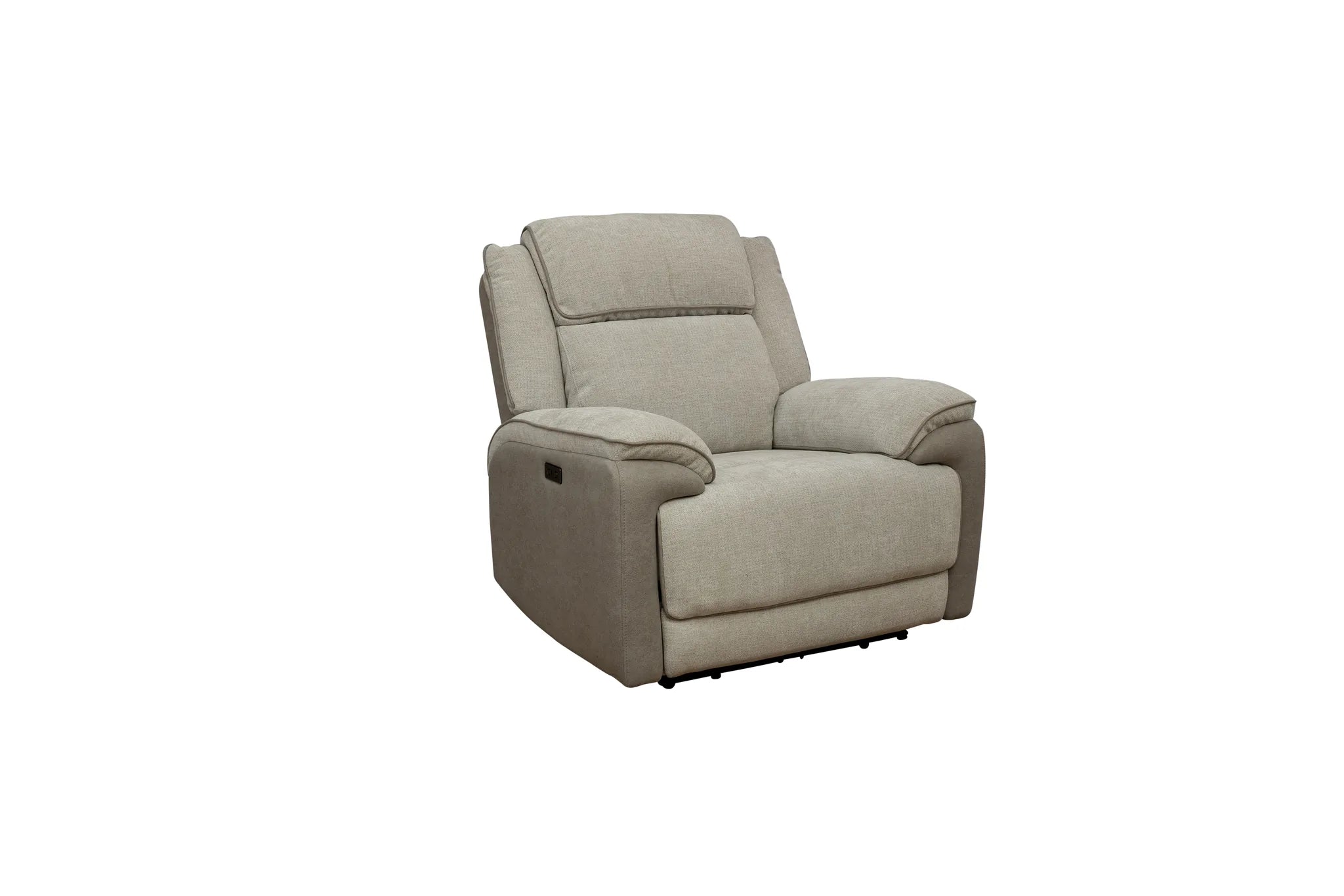 A light beige upholstered recliner chair with a high back and padded armrests, shown on a plain white background.