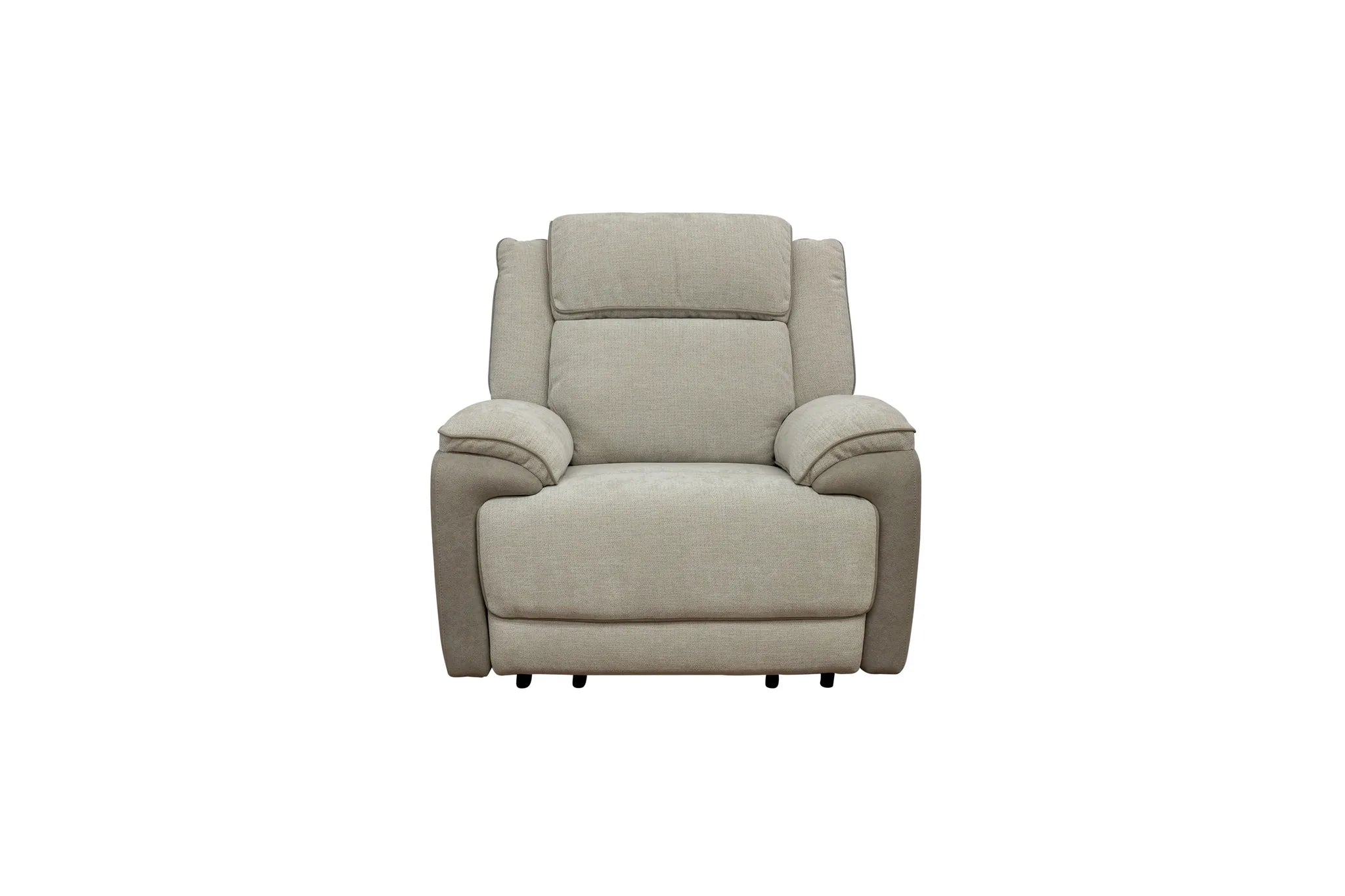 A light beige upholstered recliner chair with a high back and wide armrests, shown from the front against a plain white background.