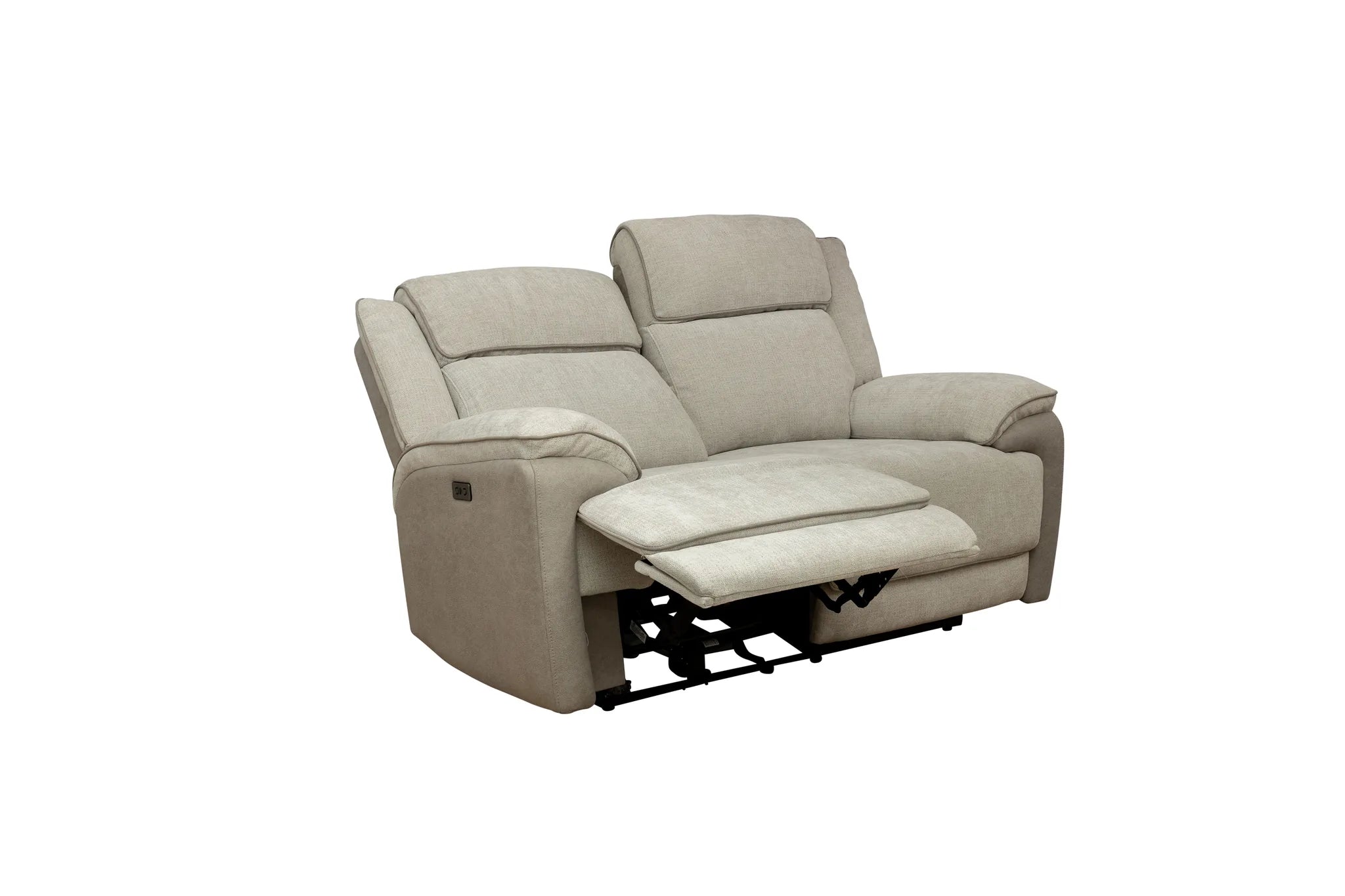 A light beige upholstered reclining loveseat with one seat cushion extended, shown on a plain white background.