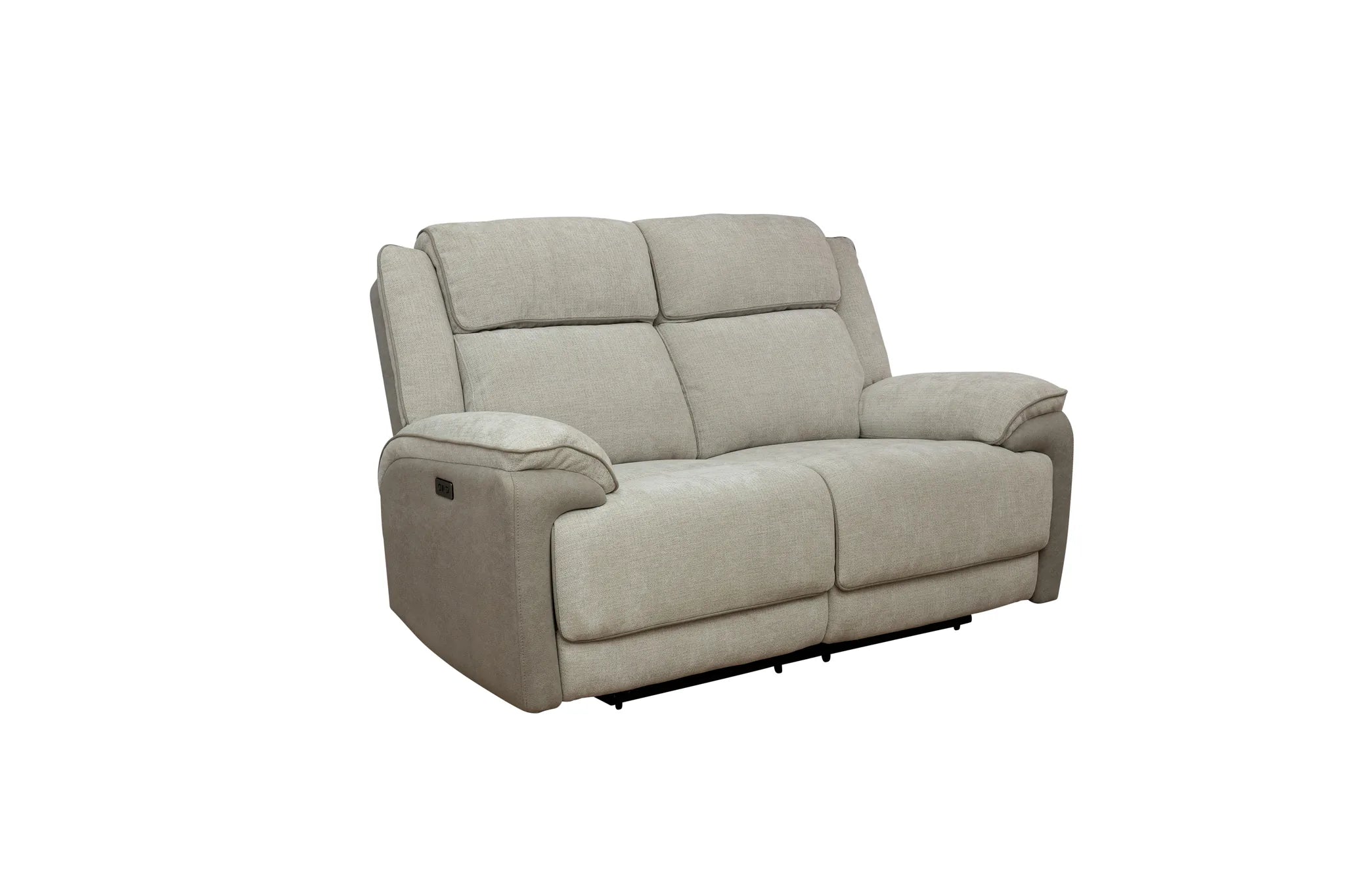A light beige upholstered reclining loveseat with segmented back cushions and padded armrests, shown on a plain white background.