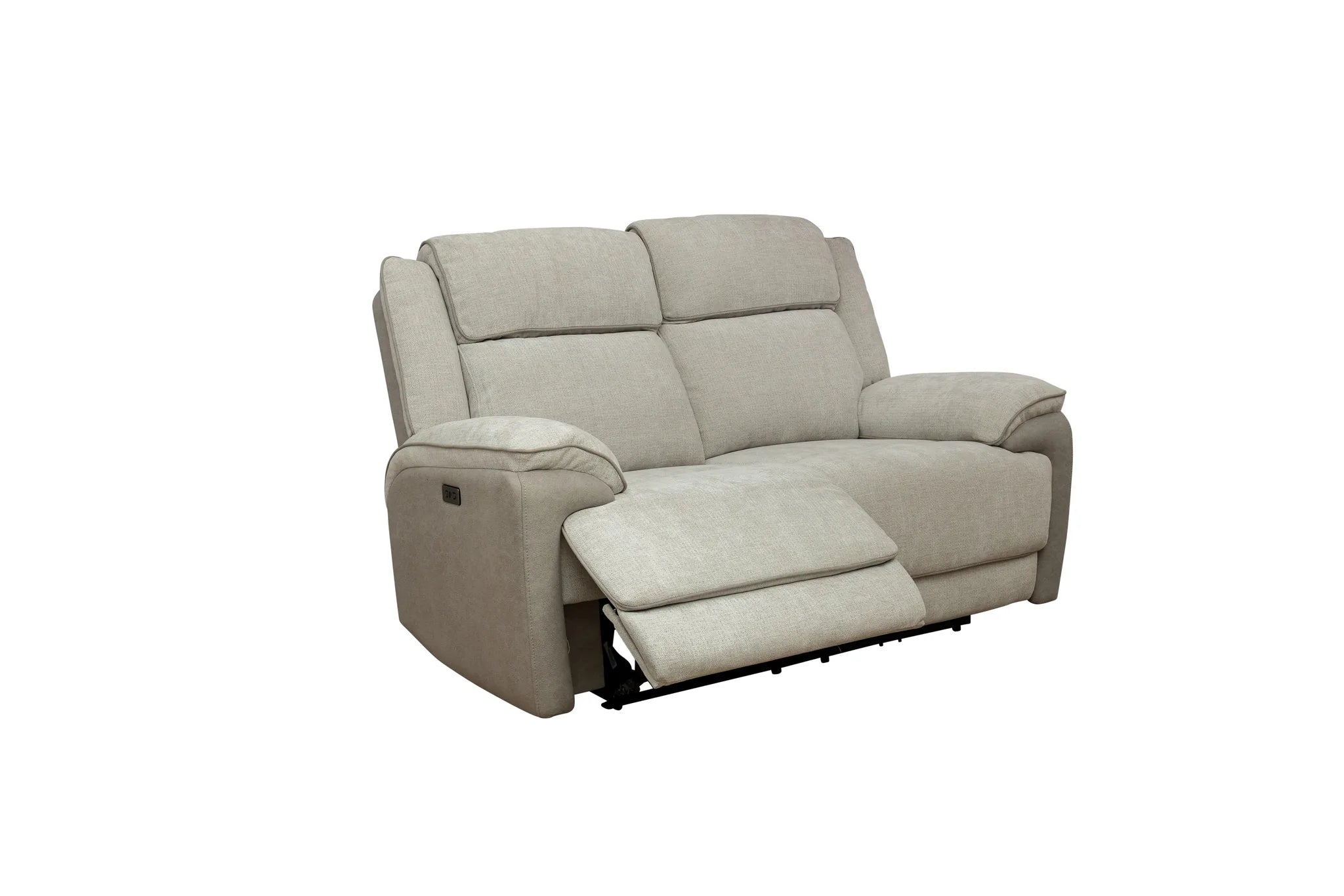 A light beige upholstered reclining loveseat with the right armrest extended, shown on a plain white background.