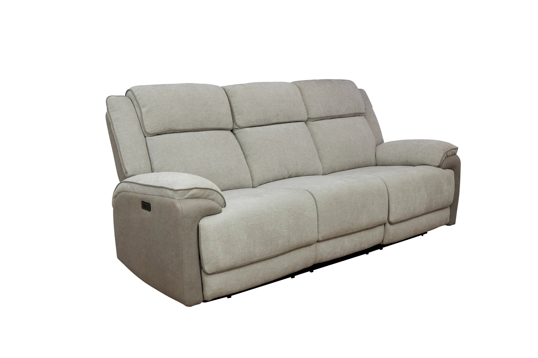 A three-seater power reclining sofa upholstered in a light beige textured fabric, shown from a three-quarter angle against a plain white background.
