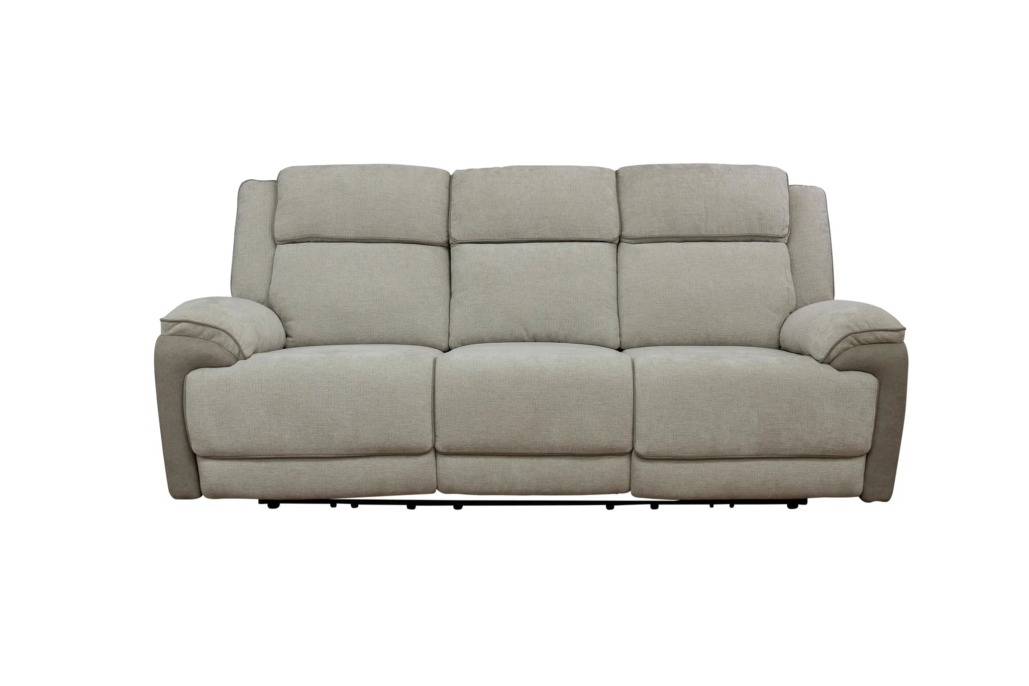 A three-seat power reclining sofa upholstered in a light beige textured fabric, shown from a front-facing perspective against a plain white background.